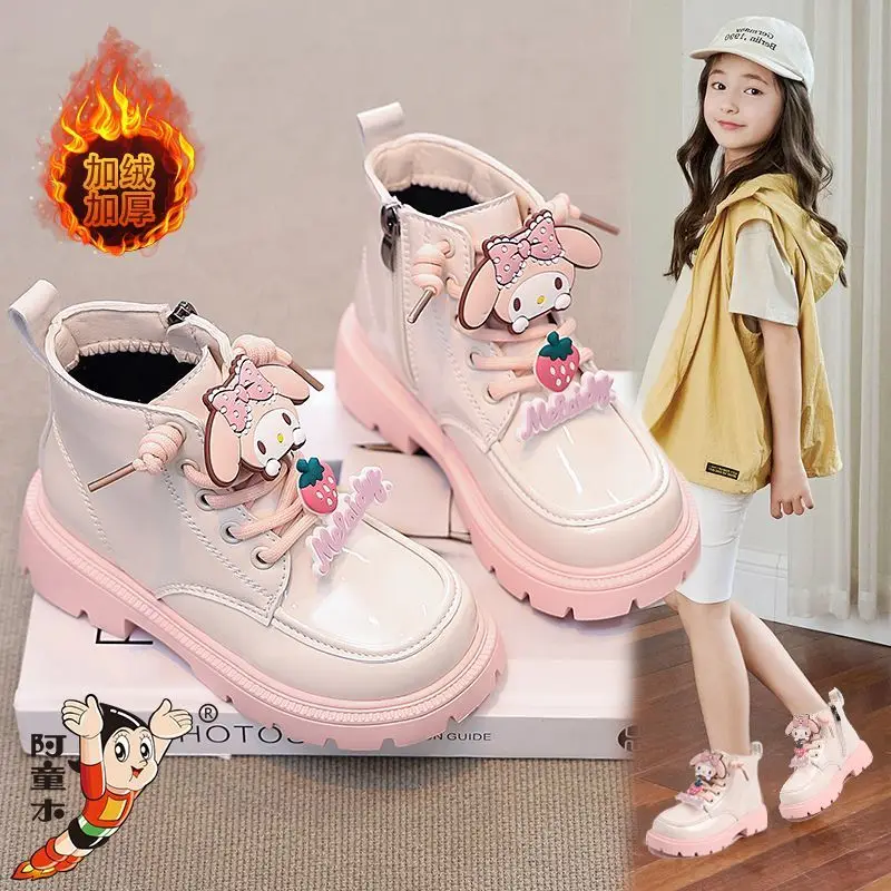 سانريو بلدي ميلودي لينة وحيد الفتيات الأحذية الجلدية الراحة عدم الانزلاق الخريف الشتاء Kuromi جديد الأطفال أحذية بوت قصيرة أحذية قطنية حلوة #1