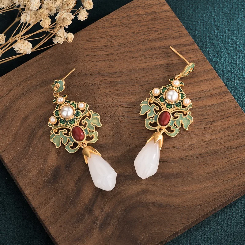 Trendy Golden Enamel Flower Drop Earrings For Women Fashion Hanging Dangle Earrings Luxury Party Wedding Jewelry Gift For Girls