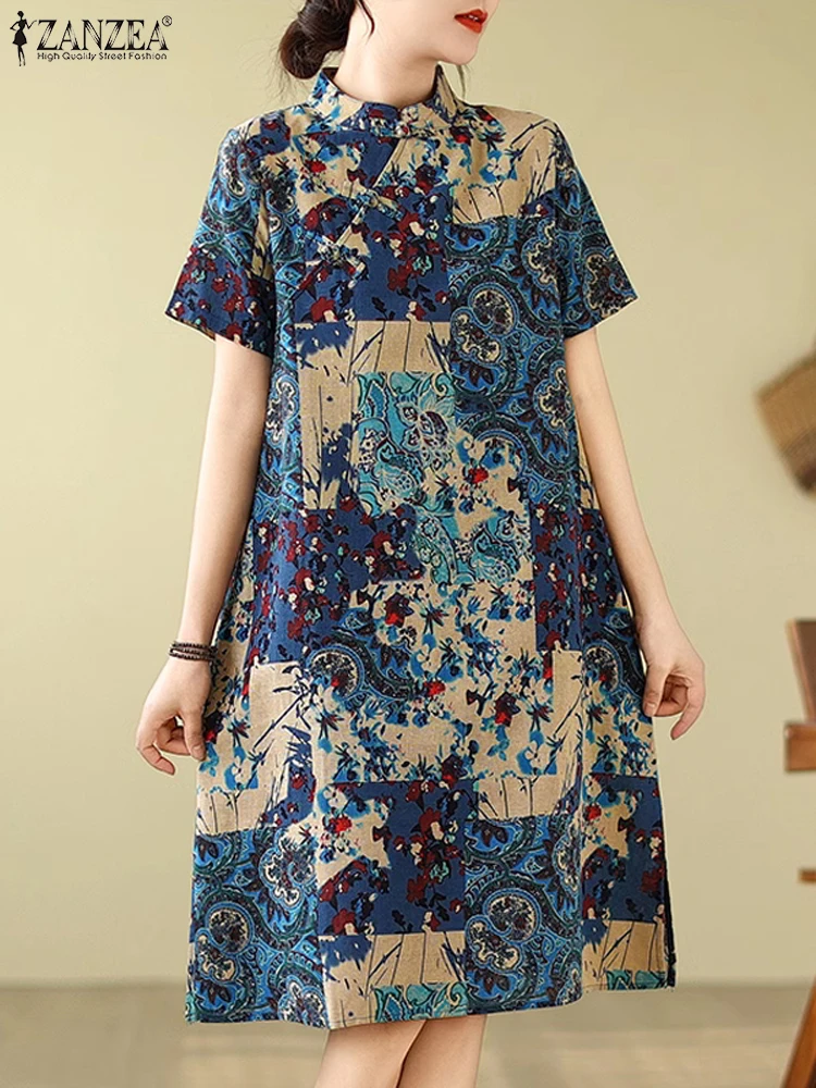 ZANZEA Knot Buttons Casual Vestidos Women Short Sleeve All-over Print Vintage Knee-length Dress Elegant Stand Collar A-line Robe