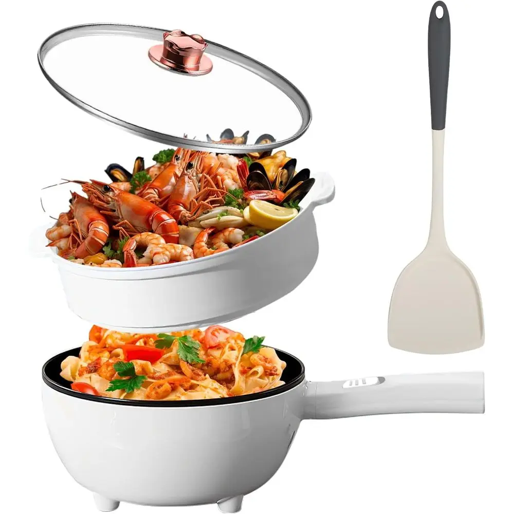 

Electric Hot Pot Non-Stick Frying Pan Portable Noodle Cooker with Long Handle Steamer Dual Power Control Overheat Protection for