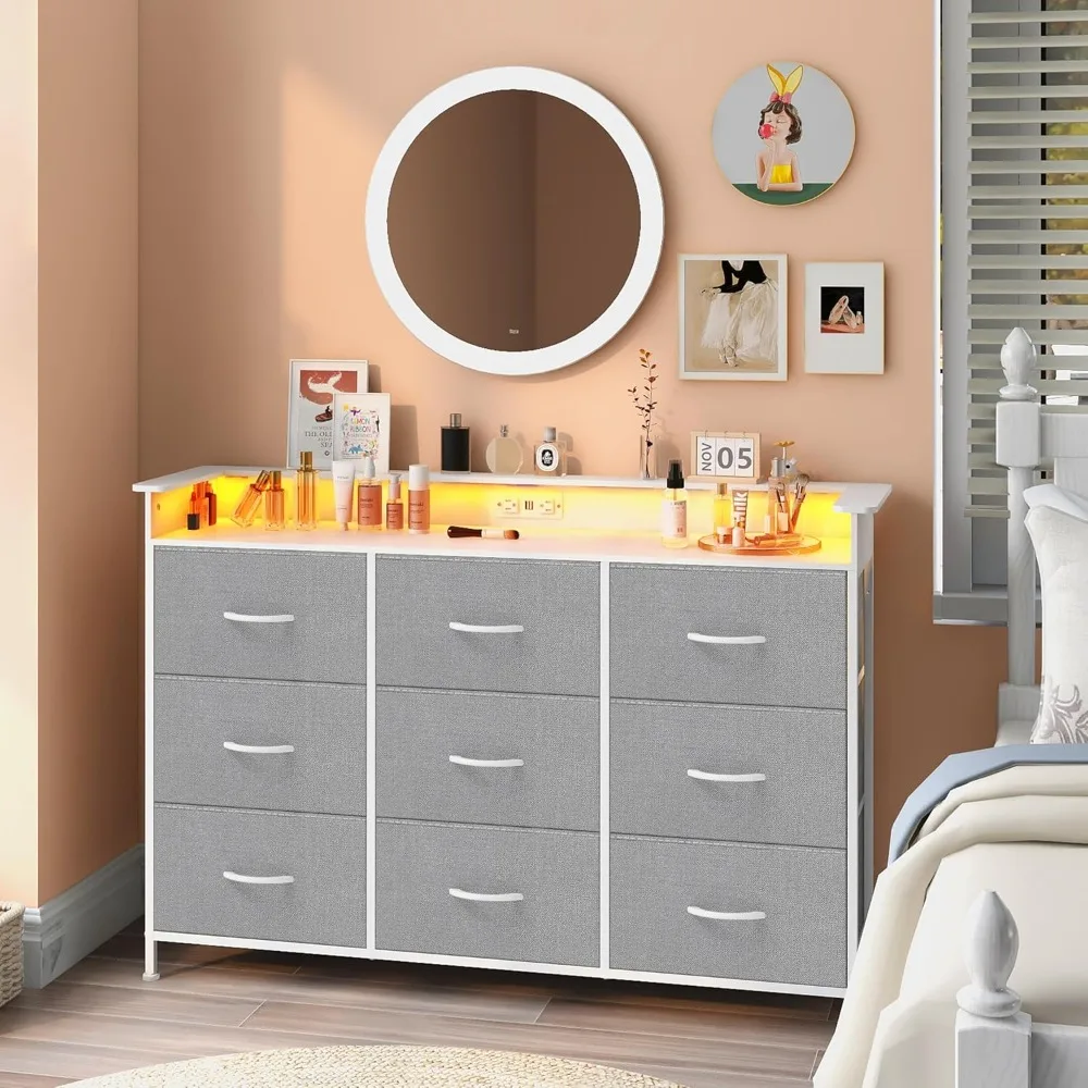 

Gray Dresser with LED Light for Bedroom 9 Drawer Dresser with Charging Station Dressers & Chests of Drawers for Entryway Closet