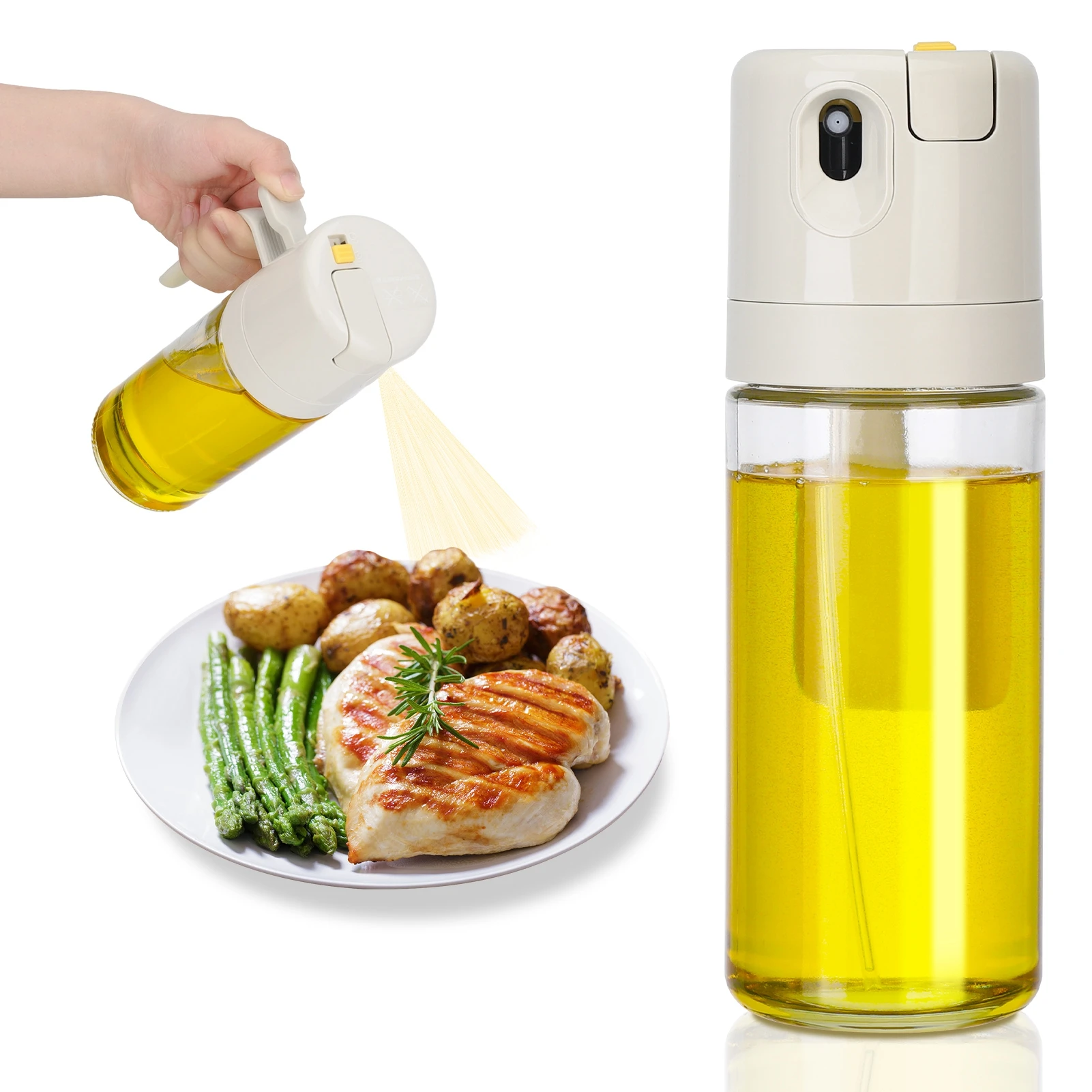 2 in 1 Olive Oil Dispenser Bottle for Kitchen, 550ml Oil Sprayer Food-grade Oil Mister,Premium Glass Oil Bottle for Salad,Frying