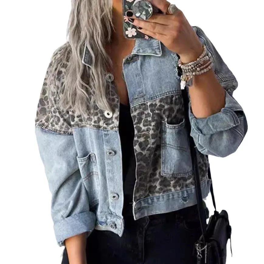 Women\'s Autumn Winter New Leopard Splicing Top Denim Jacket Pocket Single Breasted Button Jackets Coat