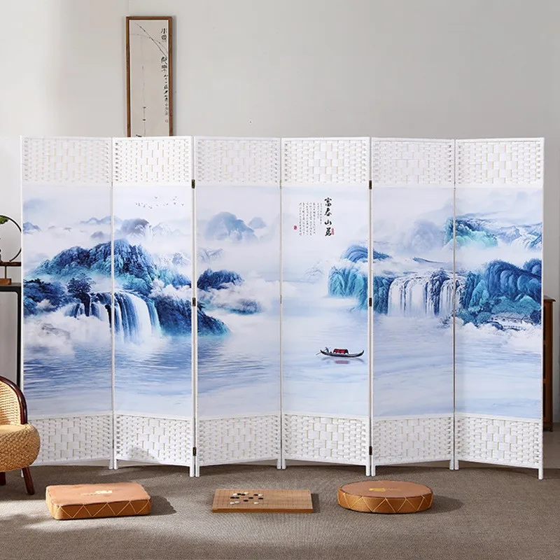 4-Panel Asian-Inspired Folding Room Divider with Cherry Blossom Tree & Bird Design Poetry Calligraphy and Brown Wooden Frame