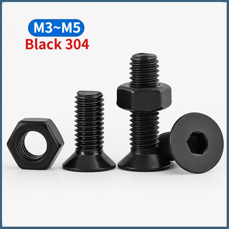Black 304 Stainless Steel Hex Socket Bolts Countersunk Flat Head Screws and Hexagon Full Nuts Combination Set M3 M4 M5