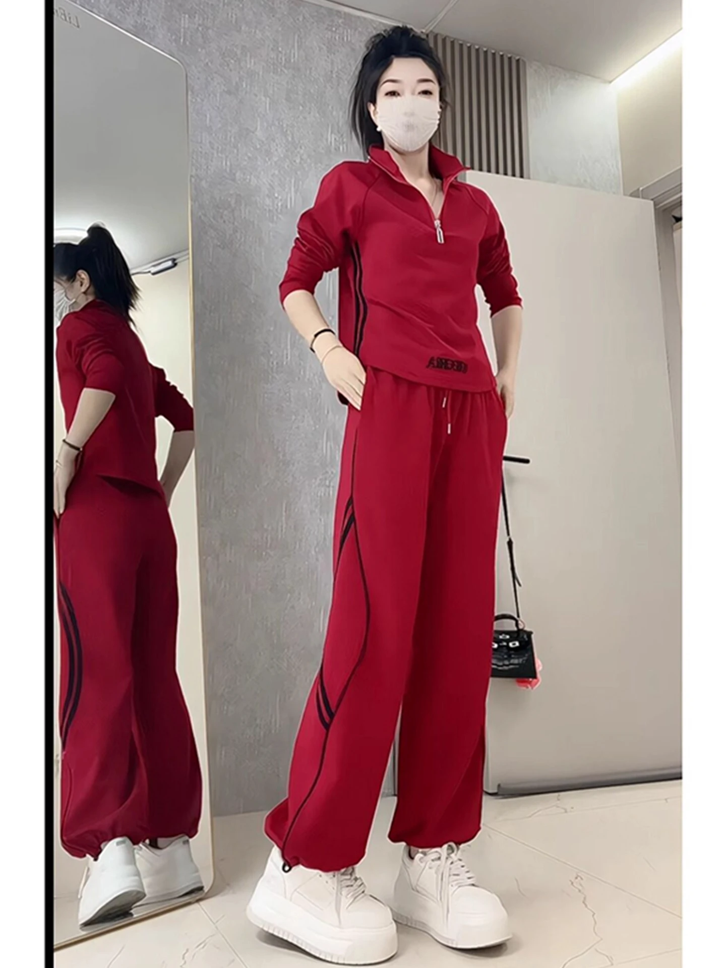 Faionable Casual Women's Set Autumn New Sle Youthful Stand Collar Zipper Top Wide Leg Pants Two Piece Set Ele Commute...