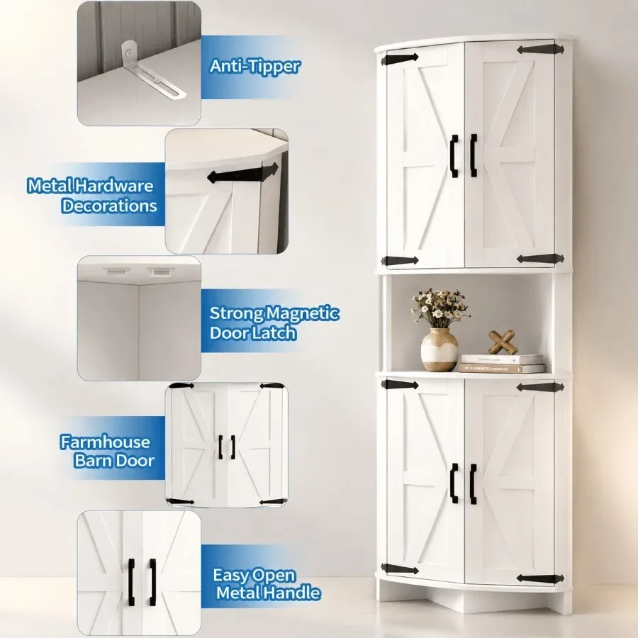 64.8 Tall Corner Cabinet with Doors for kitchen use, MDF material, white finish, soft-close hinges and adjustable shelves
