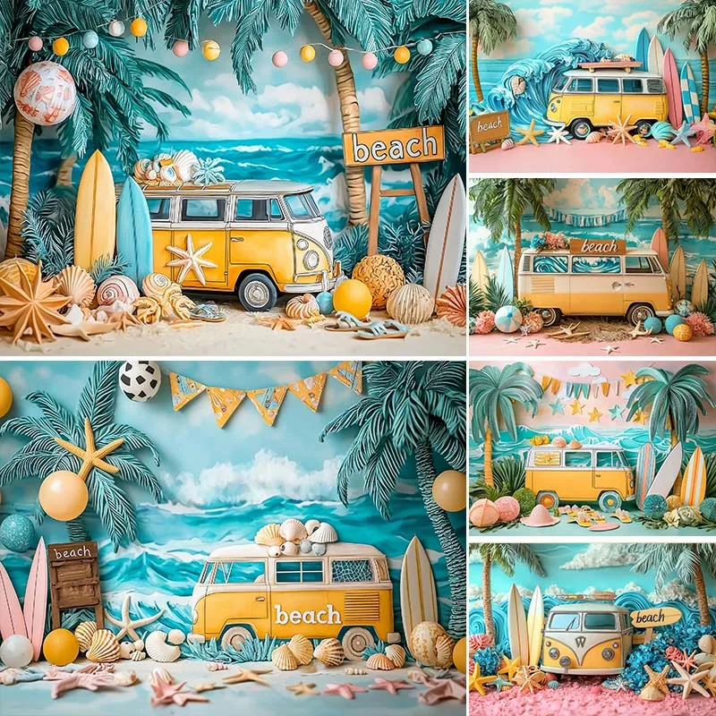 

LS Summer Beach Photography Background Sunshine Bus Palm Tree Decor Baby Shower Cake Smash Kids Portrait Photo Backdrop Studio