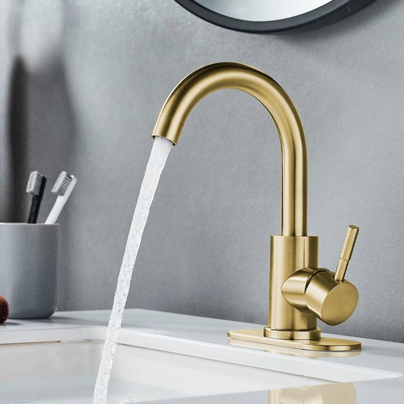 

Смесители для ванной комнаты, умывальник из нержавеющей стали 304, вращающийся смеситель для раковины, монтируемый на палубе, золотистый матовый смеситель для холодной и горячей воды