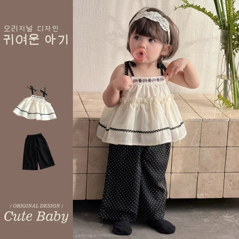 

Girls' outfit, baby girl's spring clothes, suspender skirt, polka dot long pants, two-piece set for girls, toddler summer wear
