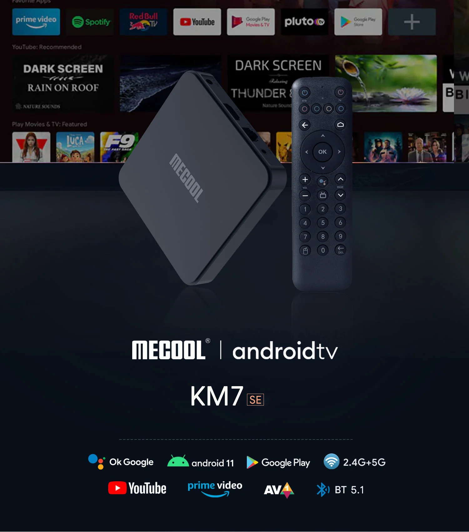 MECOOL KM7 SE صندوق تلفزيون أندرويد 2GB32GB BT5.1 Chromecast Amlogic AV1 Google TV التحكم الصوتي المعتمد الساخن في تشيلي إيسريال المكسيك
