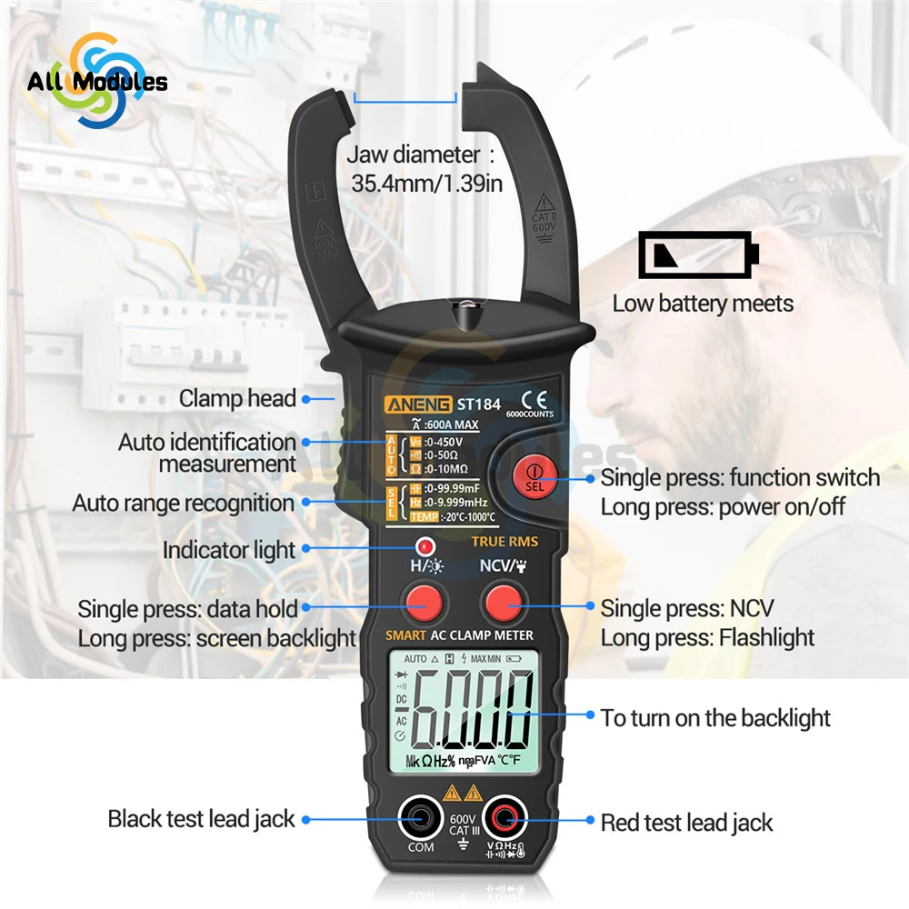 Digital Clamp Multimeter Voltmeter Tester Amp Volt Meter  Auto-ranging 6000 Counts AC DC Current Voltage Resistance Capacitance