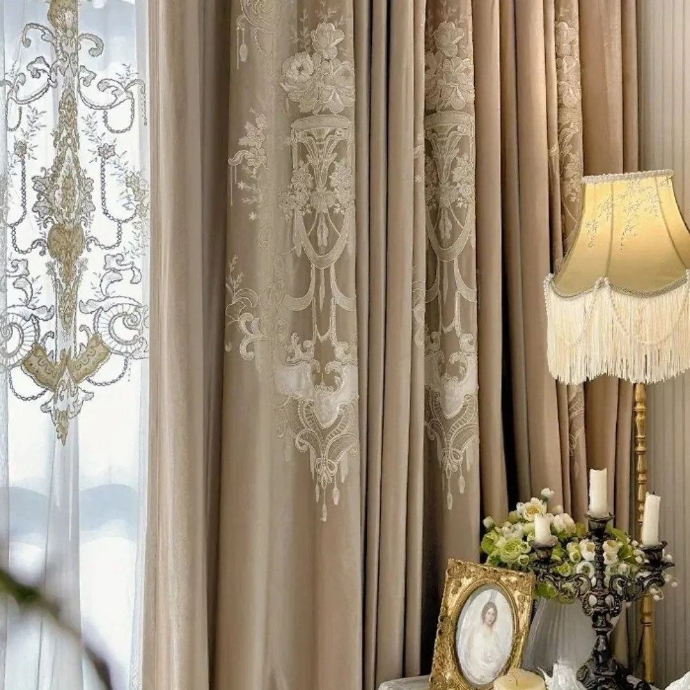 Customised Lace Embroidery Milk Tea Coloured Velvet Curtains for Living Room Bedroom Balcony Embroidered Curtains Villa Curtains