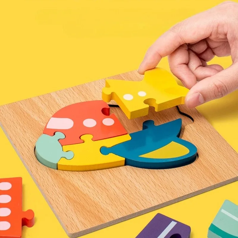 Drewniane puzzle stereoskopowe 3D Montessori, kreskówkowe zwierzęta, kształty, kolory, edukacyjna gra poznawcza, zabawka, prezent urodzinowy dla dzieci, 퍼즐