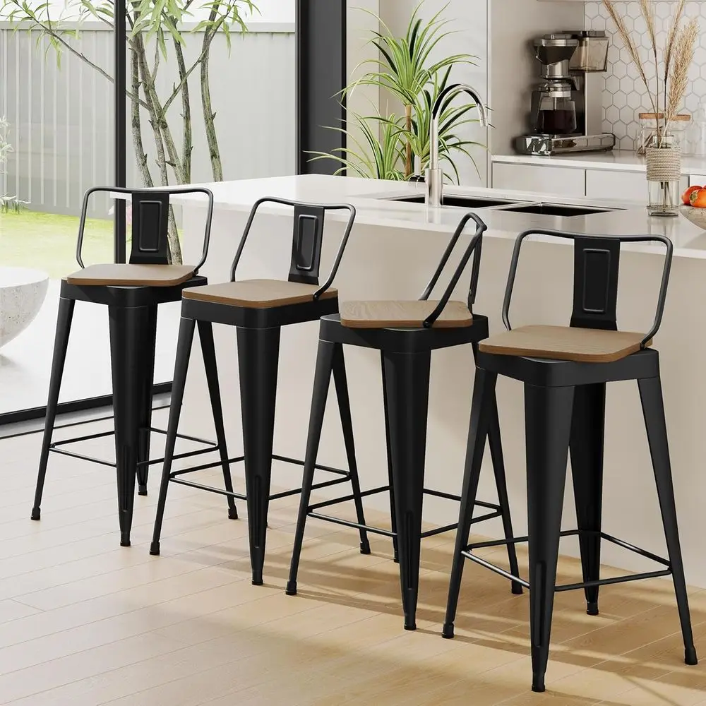 

Набор из 4 черных металлических барных стульев с низкой спинкой, вращающихся, для использования в индустриальном стиле или на кухонном острове