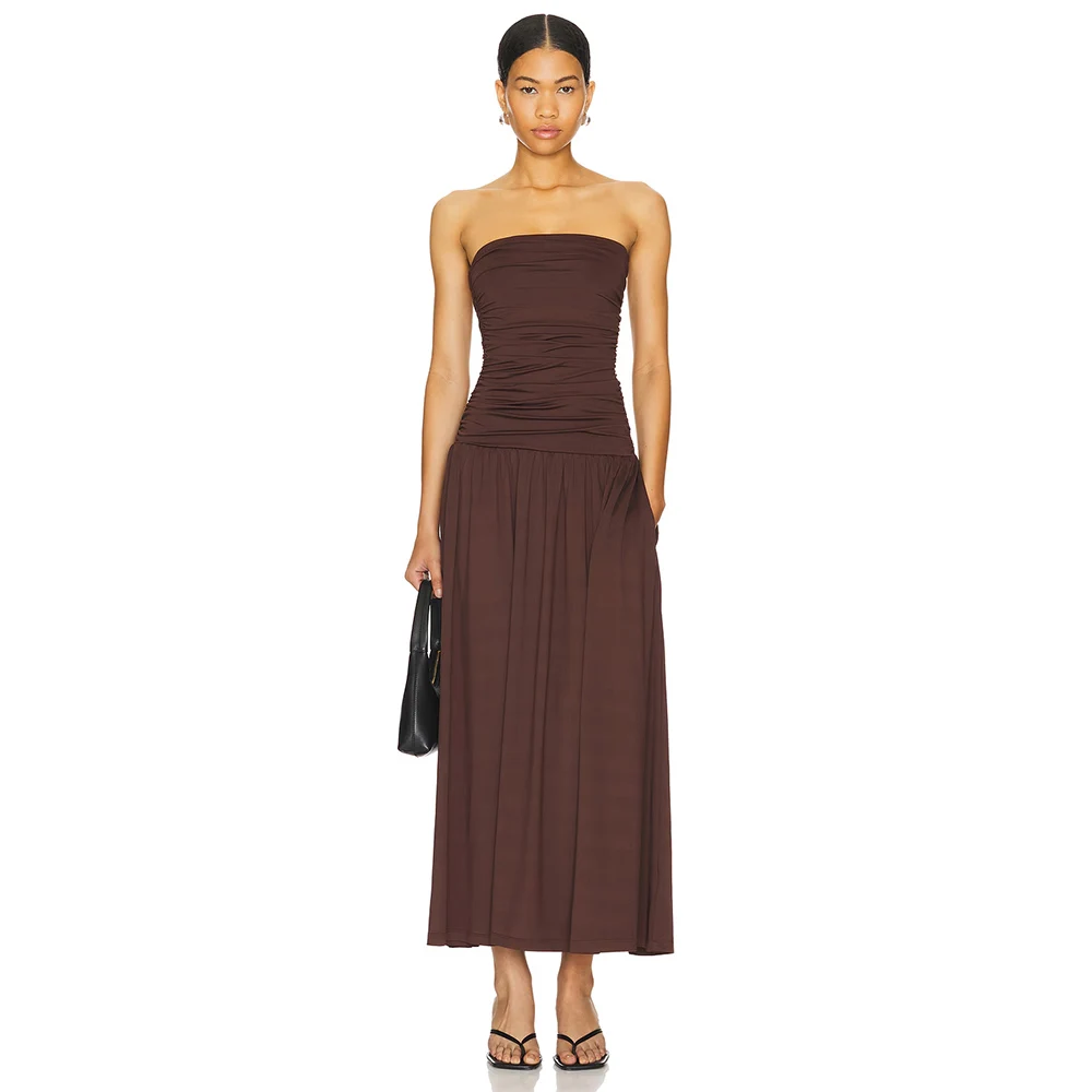 

Women's Maxi Chic Evening Dresses Jersey A-line Beach Dress Brown Strapless Pleat Ruched Elegant Clubbing Gown 2024