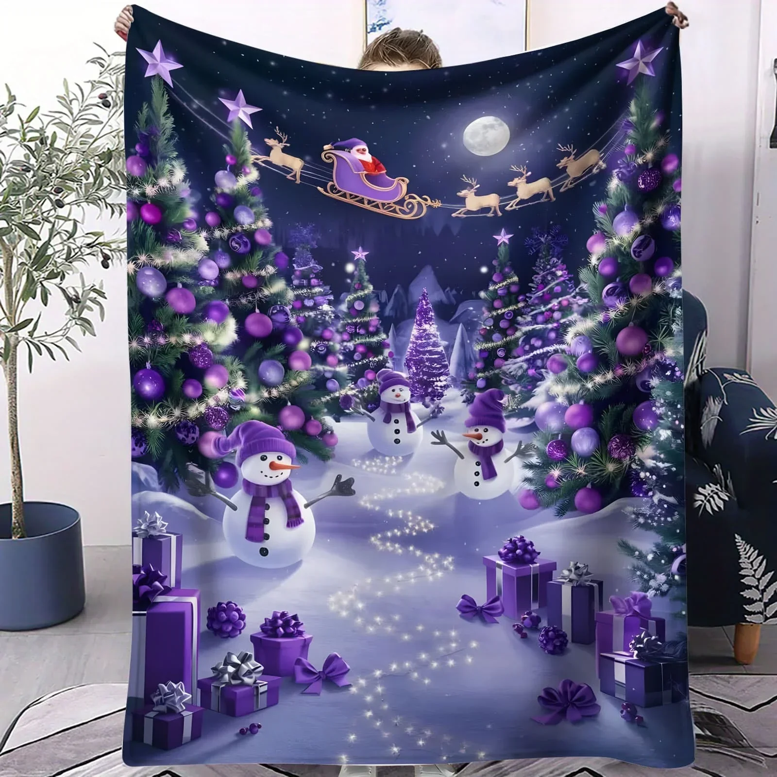 Weihnachts-Flanelldecke mit Weihnachtsmann-, Rentier- und Pinguin-Print, gemütliche Decke für Sofa, Schlafzimmer, Camping, perfektes Geschenk für Kinder und Paare