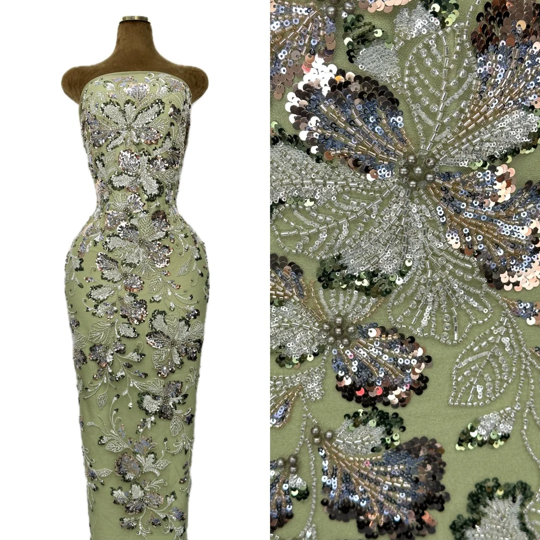 

Luxury Green African Beaded Mesh Lace Fabric Embroidery Sequins French Tulle Lace For Nigerian Wedding Party Dress 5 Yards