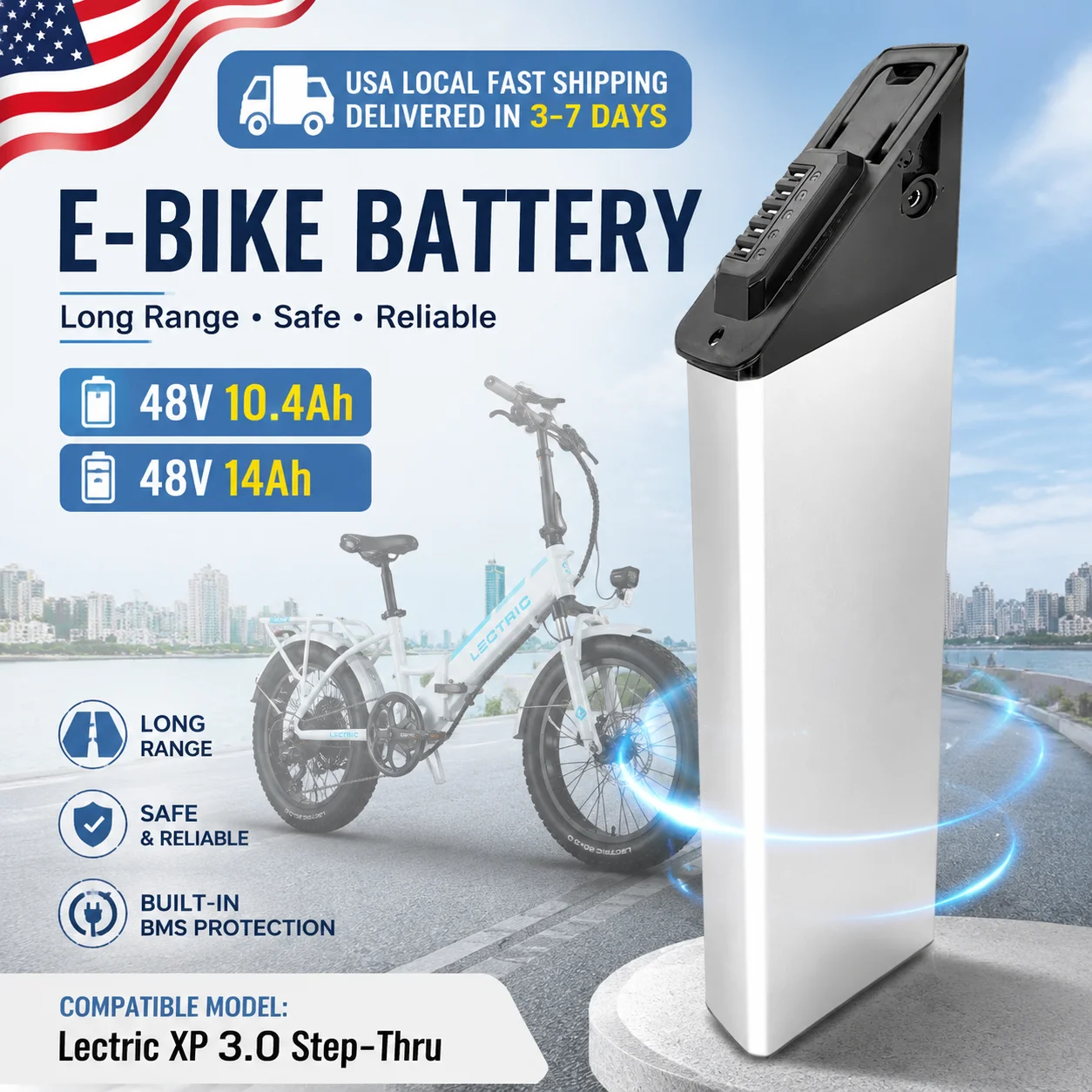 48V 10.4Ah/14Ah Replacement Battery for Lectric XP 3.0 Step-Thru Electric Bike Long Range E-Bike Battery Pack | Compatible with Lectric XP 3.0 Step-Thru Models High-Capacity Lithium Ion Battery with Charger