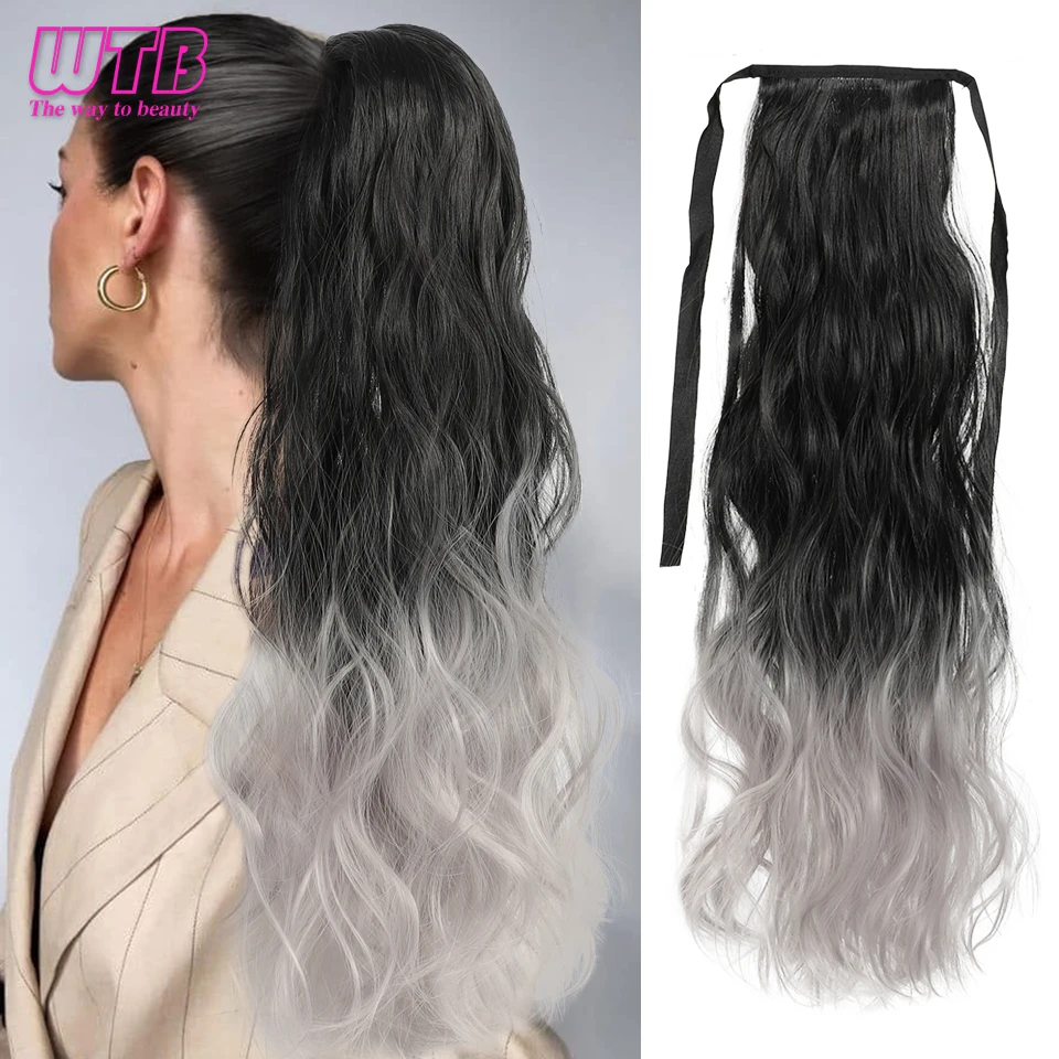 Extensões sintéticas do cabelo do rabo de cavalo para mulheres, fibra resistente ao calor, onda longa, natural, peruca, 24"