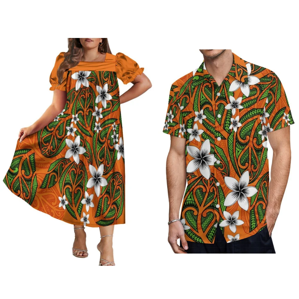 2025 New Polynesian Island Dress Mumu Fashion Cute Long Skirt With Puffed Sleeves For Women And Men'S Shirt Samoan Couple Set