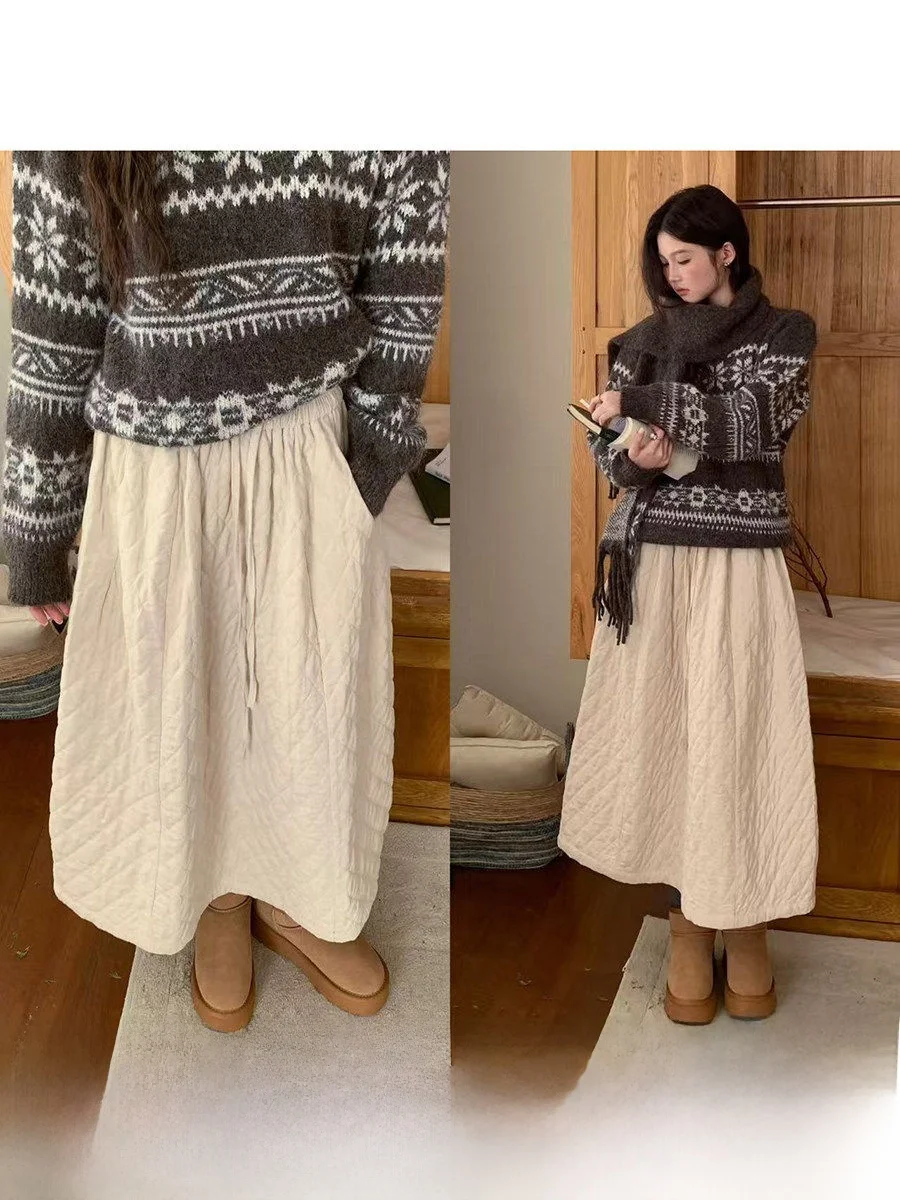 

High Waist Cotton Corduroy Half Skirt Women's Winter Light Tangerine Elastic Waist Umbrella Skirt Casual Style A-Line Skirt