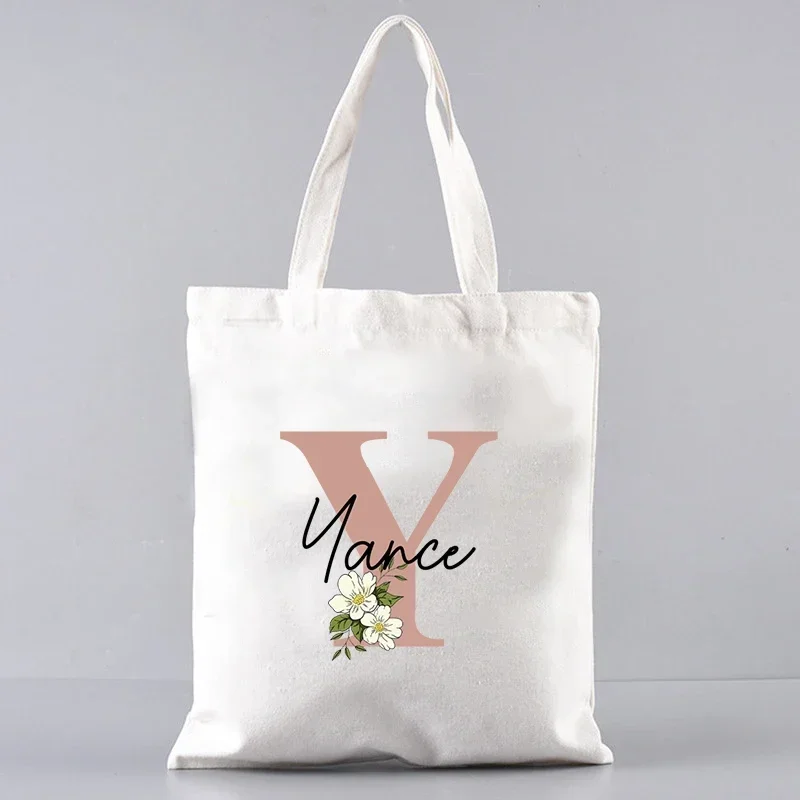 Customized Name White Canvas Bag Personalized Large Capacity Folding Supermarket Shopping Bag Reusable Women Casual Shoulder Bag