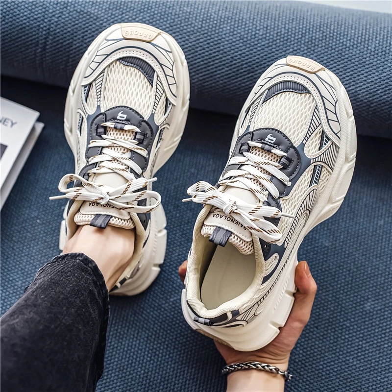 Men's Breathable Running Sports Casual Shoes 2026 Autumn Mesh Thickened Insole Heightening White Dad Trendy Shoes