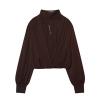 Women's Black Bow Tie Neck Blouse Sheer Puff Sleeve Cropped Chiffon Top for Party & Office - Image 5