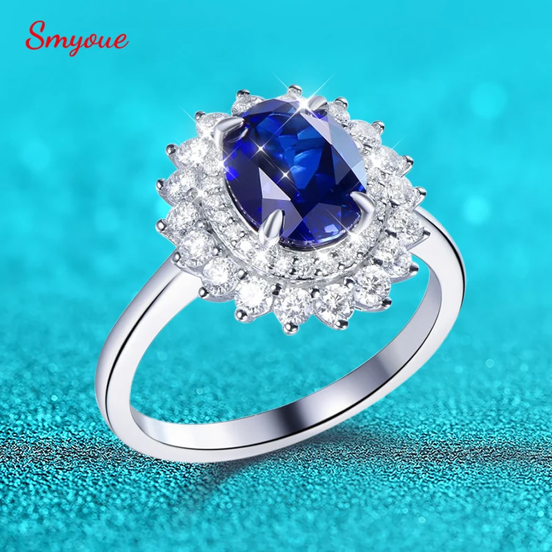 

Кольца Smyoue с сапфиром 2 карата королевского синего цвета, выращенным в лаборатории, для женщин, классические, с двойным слоем бриллиантов, из стерлингового серебра 925 пробы, ювелирные изделия