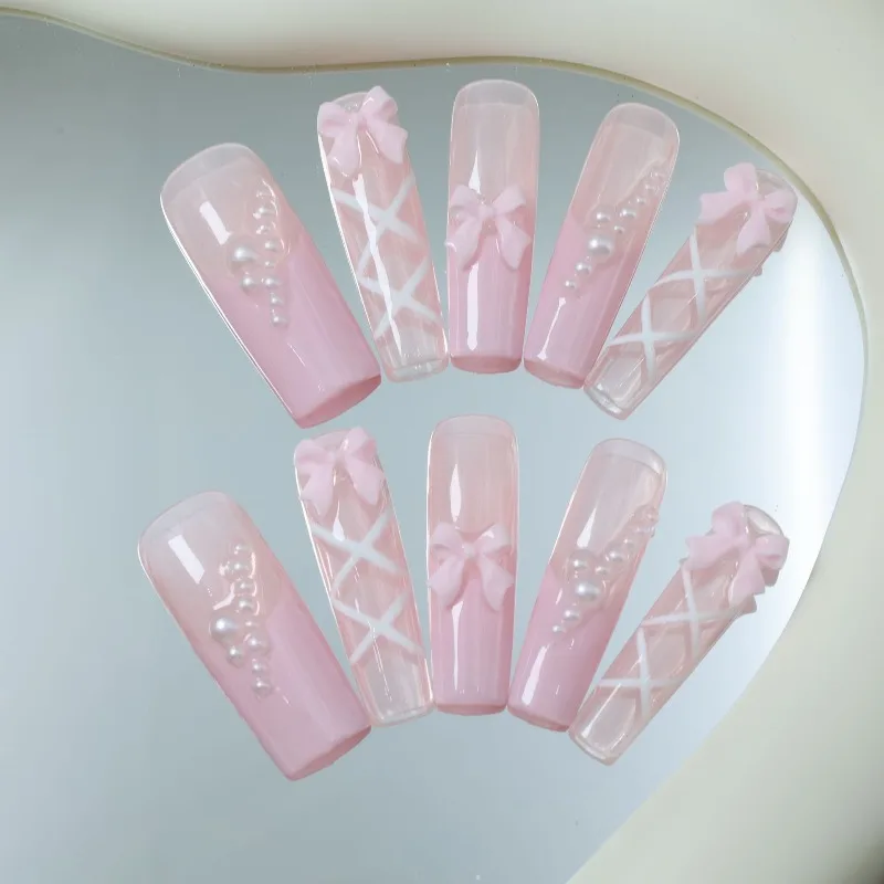 

10 Pieces Sweet Elegant Handmade Press On Nails Pink Pearls Ballet Style French Long Nails Fake Nails Removable Reusable
