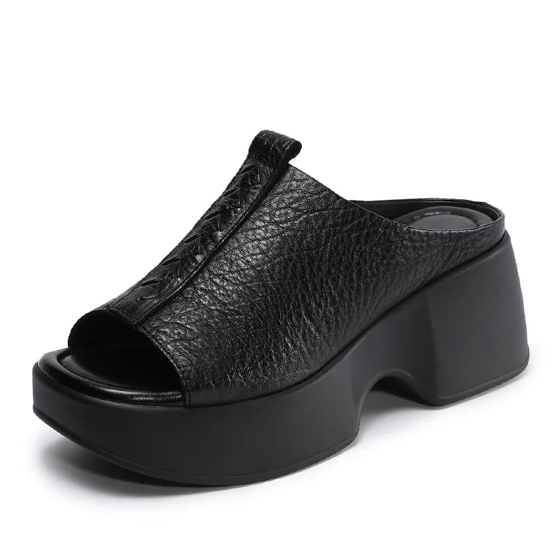DRKANOL Fashion Women Chunky Platform Slippers Summer Open Toe Genuine Cow Leather High Heel Height Increasing Sandals Slides
