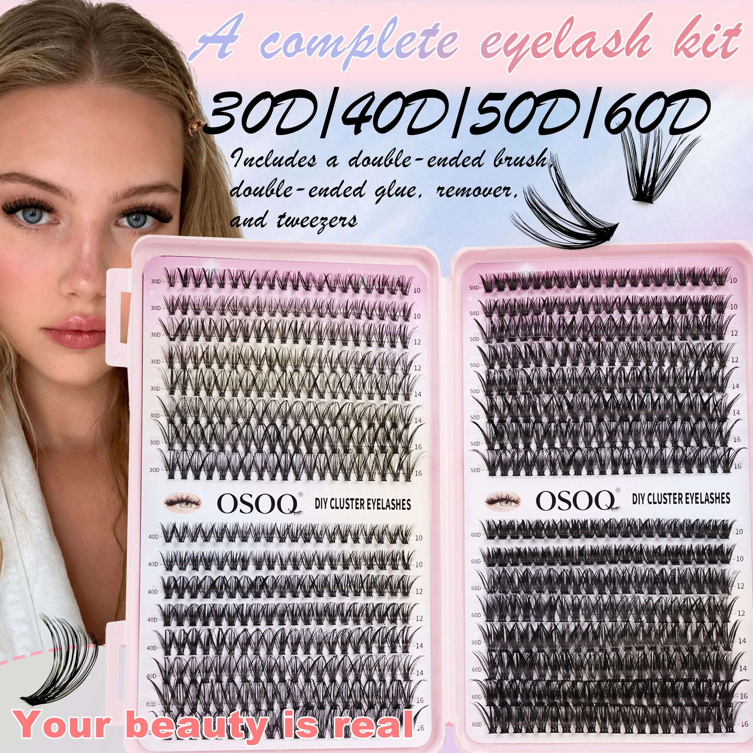 New 640 Cluster Lashes Kit 5D Fluffy Thick Eyelash Extension Kit Volume Mixed Tray Faux Mink Lashes Lash Extension Makeup