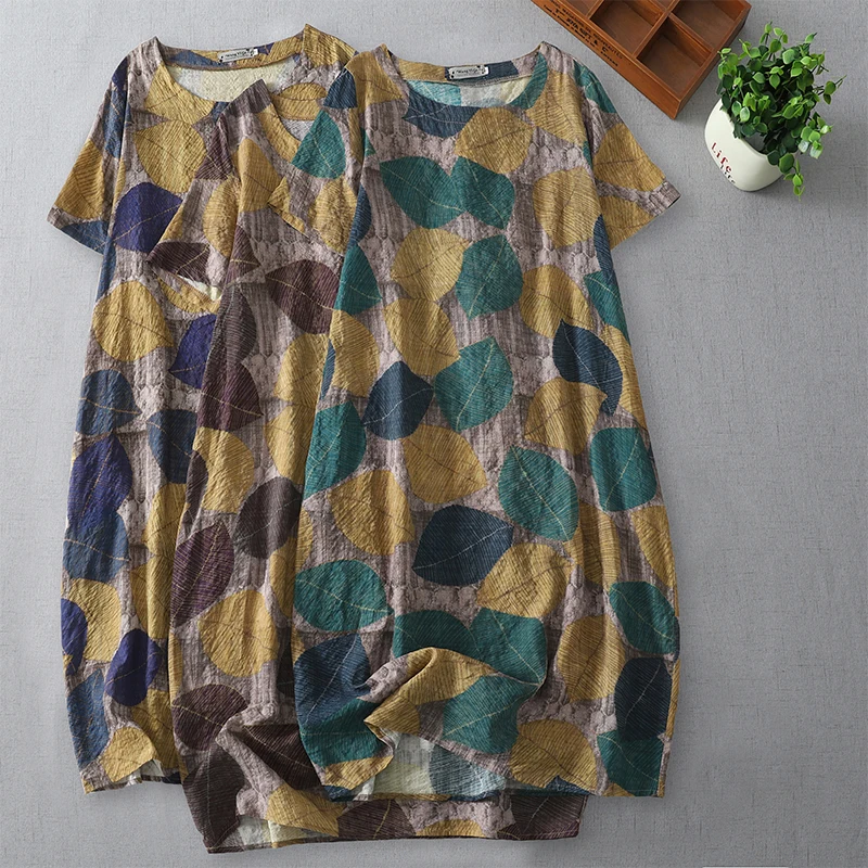 

Summer New Women's Loose Printed Midi Dress Belly Covering Slimming Drapey Cotton Blend Commute Style round Neck Short Sleeve