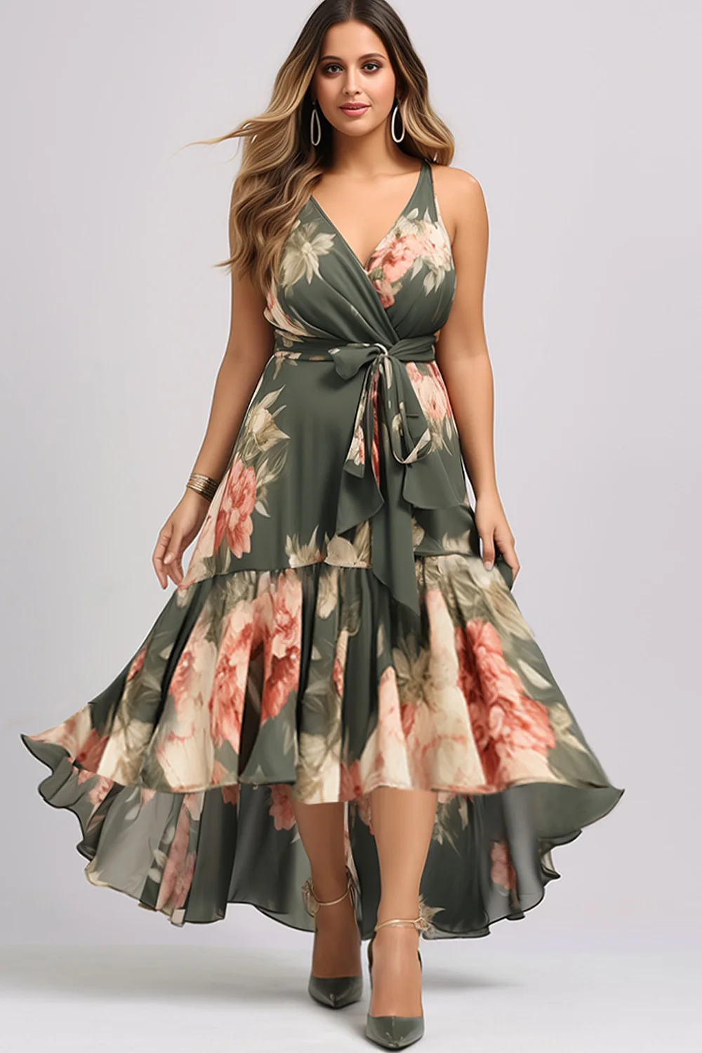 

Flycurvy Plus Size Wedding Guest Green Chiffon Wrap Floral Print High Low Hem Cami Maxi Dress