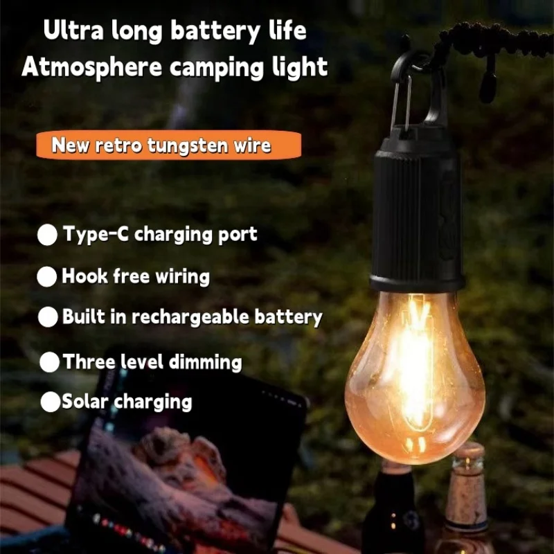 Led Tungsten Bulb Outdoor Retro Camping Light Tent Light Waterproof Emergency Lamp Bulb Solar Charging Hanging Lamp Ip65 USB