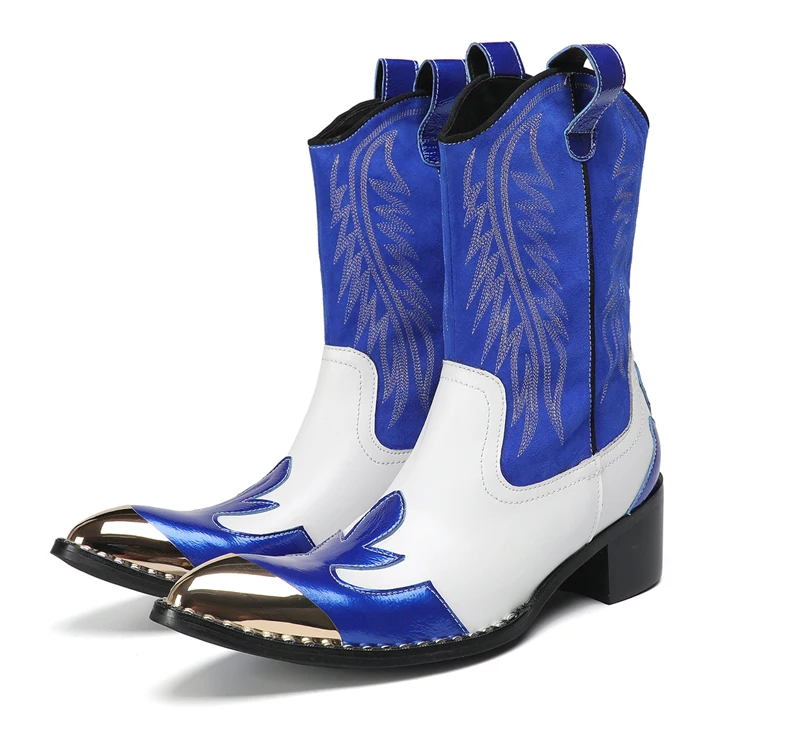 Mode Spitz Männlichen Stiefeletten Plus Größe Party Schuhe Stickerei Cowboy Stiefel Aus Echtem Leder Männer Motorrad Kurze Stiefel – Detail 6