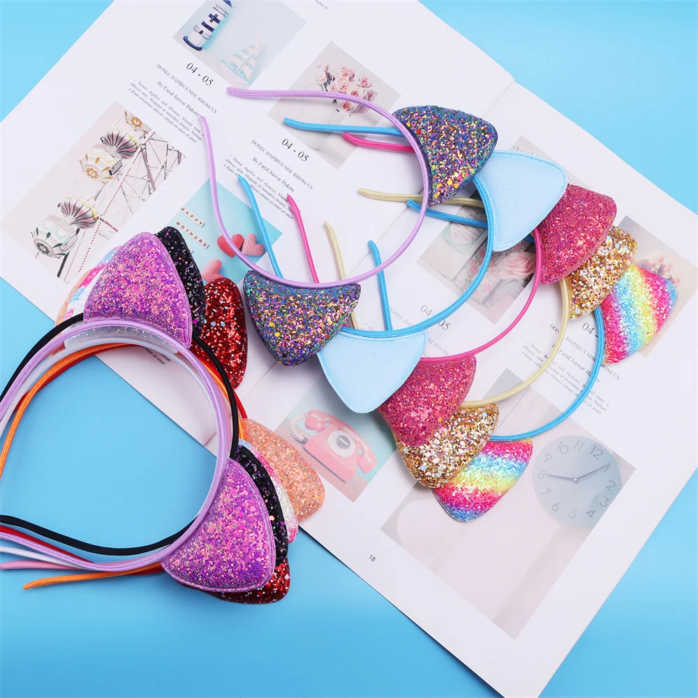 Glitter Cat Ears Headband Kitty Headband for Girls and Women Sparkly Hair Metal Hoop Shiny Hairbands Hair Accessories for Daily