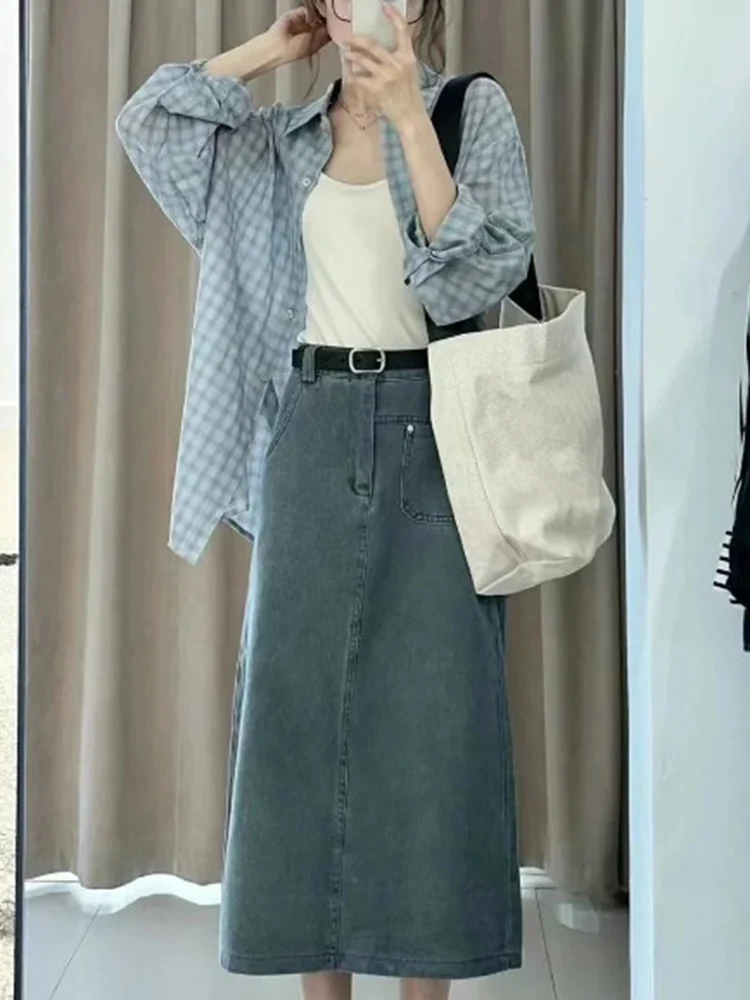 Cárdigan informal a cuadros azules para mujer, camisa holgada de manga larga, estilo coreano, protección solar, moda de verano