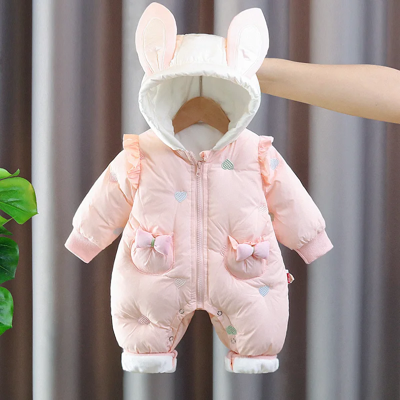 2025 Winter Mädchen Nette Süße Stickerei Ohr Mit Kapuze Fleece Strampler Kleinkind Kinder Dicke Warme Overalls