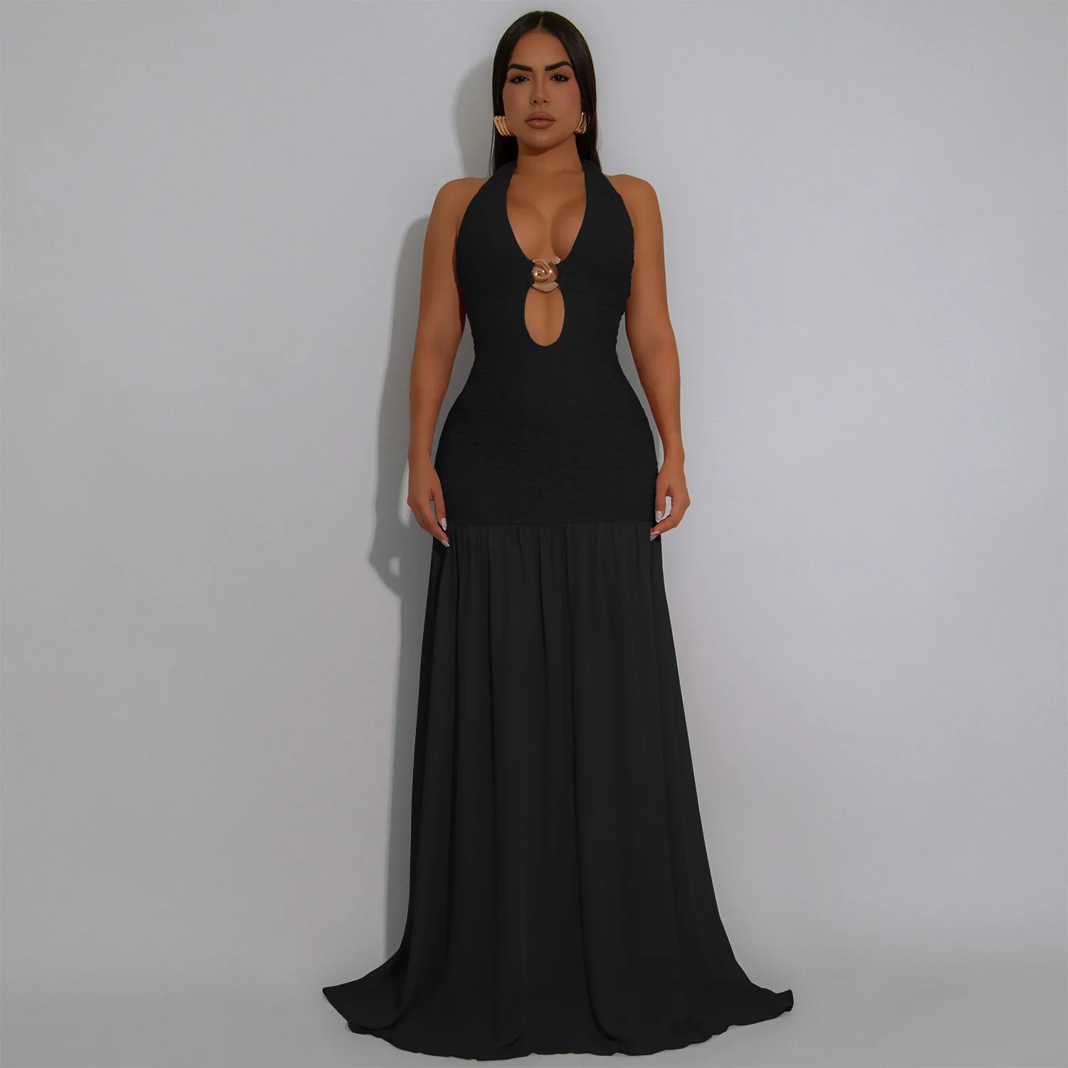 customized women's adult fashion clothing, European and American style sexy hollow neck hanging backless dress, evening gown