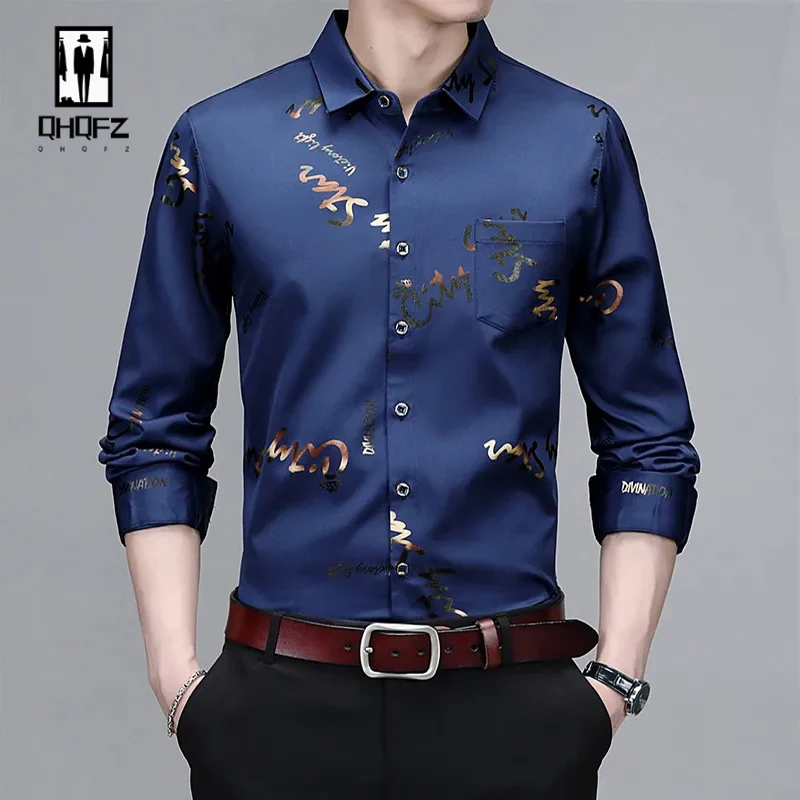 New Men's Business and Leisure Long Sleeved Printed Shirt, Non Ironing and Wrinkle Resistant Top