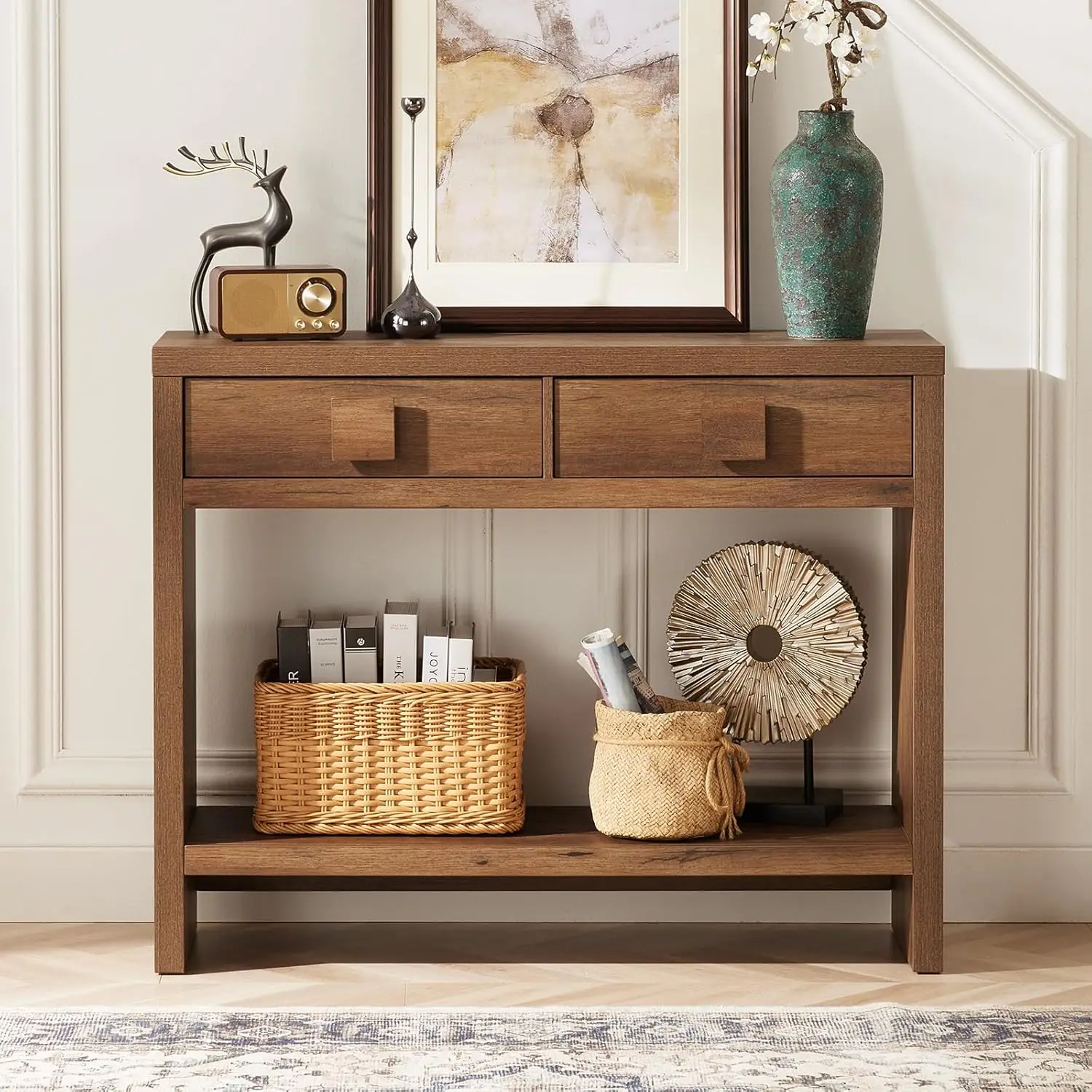 

Console Table with Drawers, 40 Inch Narrow Entryway Table with Open Storage Shelves, Mid Century Modern Hallway, Customized