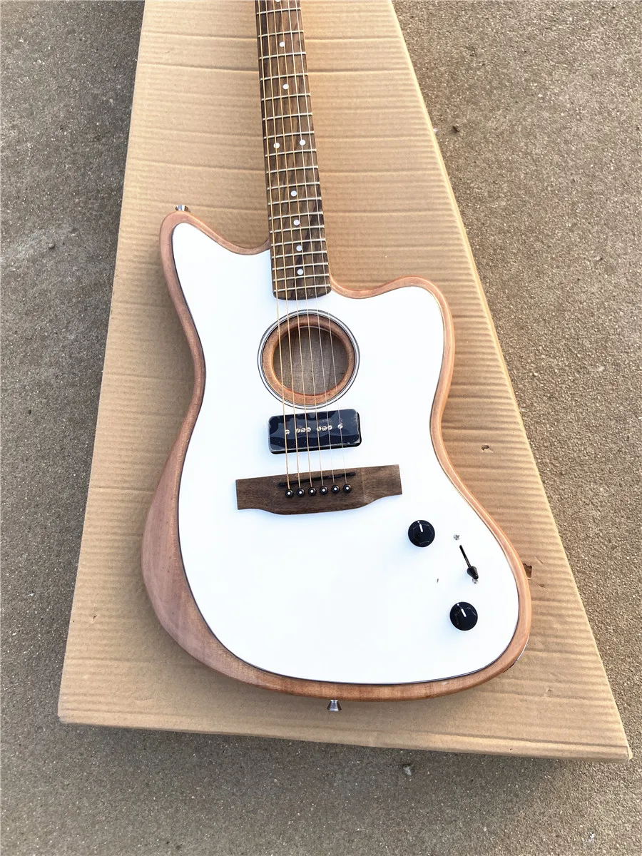 White original wood jazz sound hole electric box electric guitar mahogany body P90 pickup