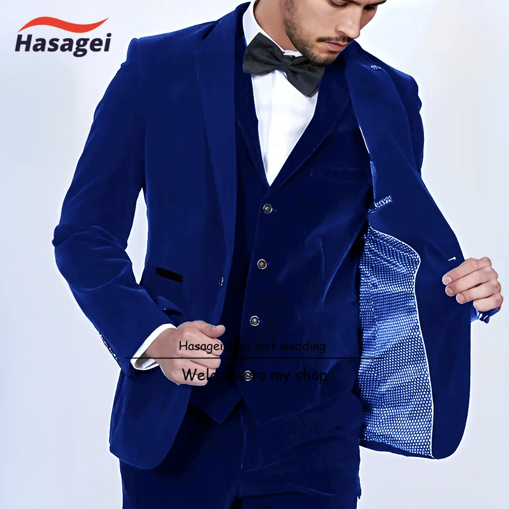 

Royal Blue Velvet Men's Suit 3-piece Wedding Tuxedo Groom Custom Jacket Pants Vest Dinner Holiday Suit Men's Blazer