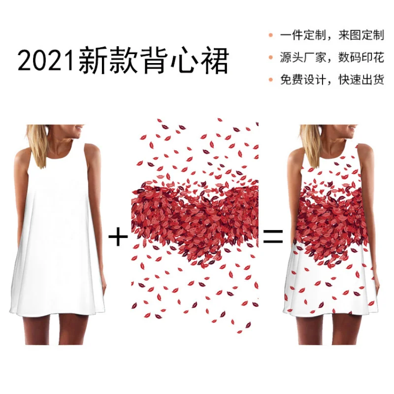 2021 European Station European and American New Digital Printed round Neck New off-the-Shoulder Custom Mid-Length Vest Dress