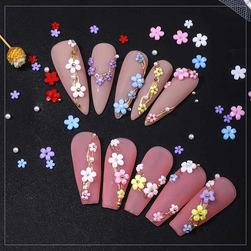 3D Flower Nail Arts Charms With Silver Gold Beads Cute Five Petal Flower Ornaments Nail Gems Acrylic Resin Flower for Nail Art