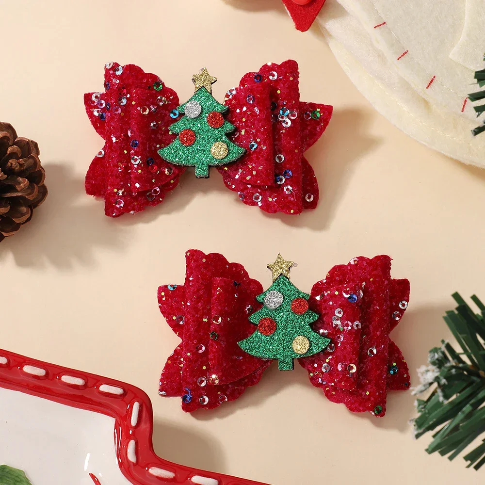 

Набор из 2 заколок для волос для девочек: блестящие бантики с оленьими рожками, Санта-Клаусом и снежинками, блестящие украшения для волос, аксессуары для причесок