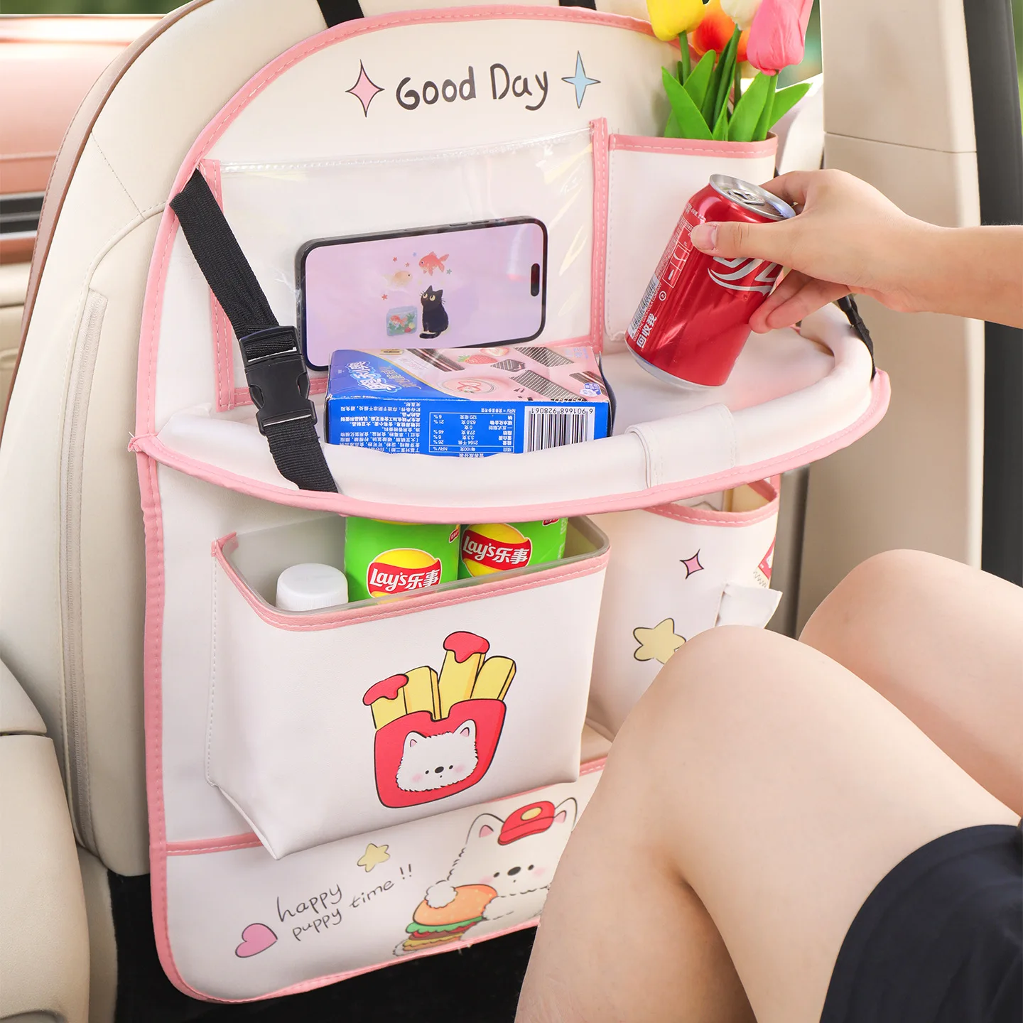 Cute Cartoon Car Seat Back Organizer - High-Value Multifunctional Storage Bag with Dining Table, Kid-Favorite Vehicle Storage