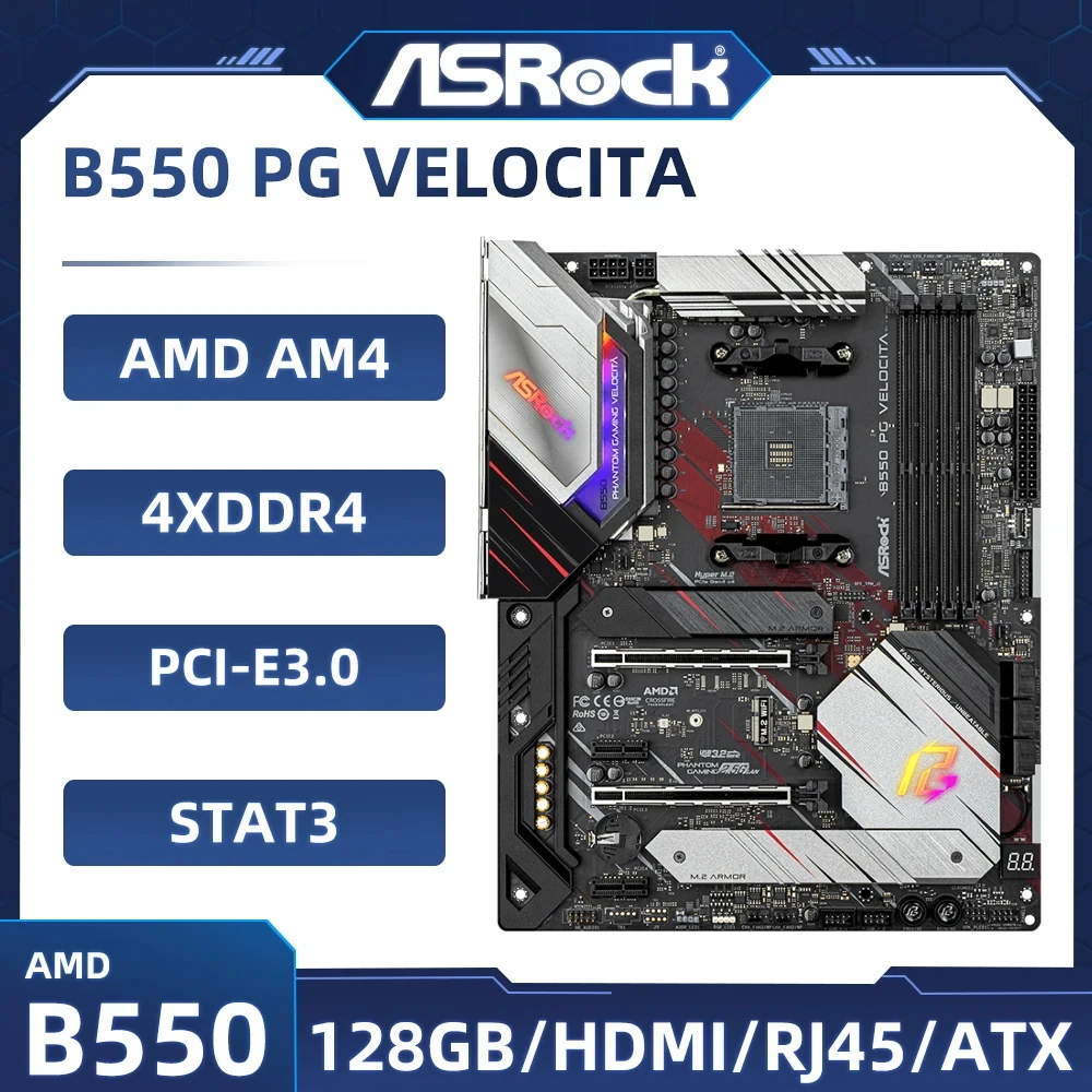 

Материнская плата ASRock B550 PG VELOCITA B550, разъем AM4 DDR4, 128 ГБ, поддержка Ryzen 7 5700X 5600 4600G 5500 ATX PCI-E 4,0 M.2 USB3.2